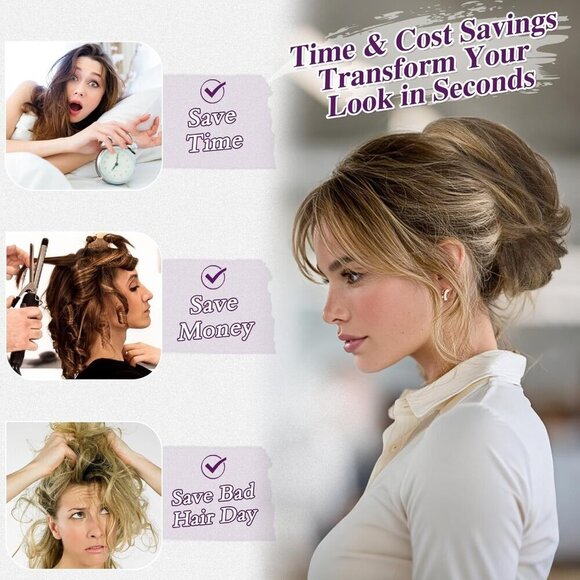 Human Hair Ponytail Extension Short Brown Blonde Claw Clip Messy Bun main image 6